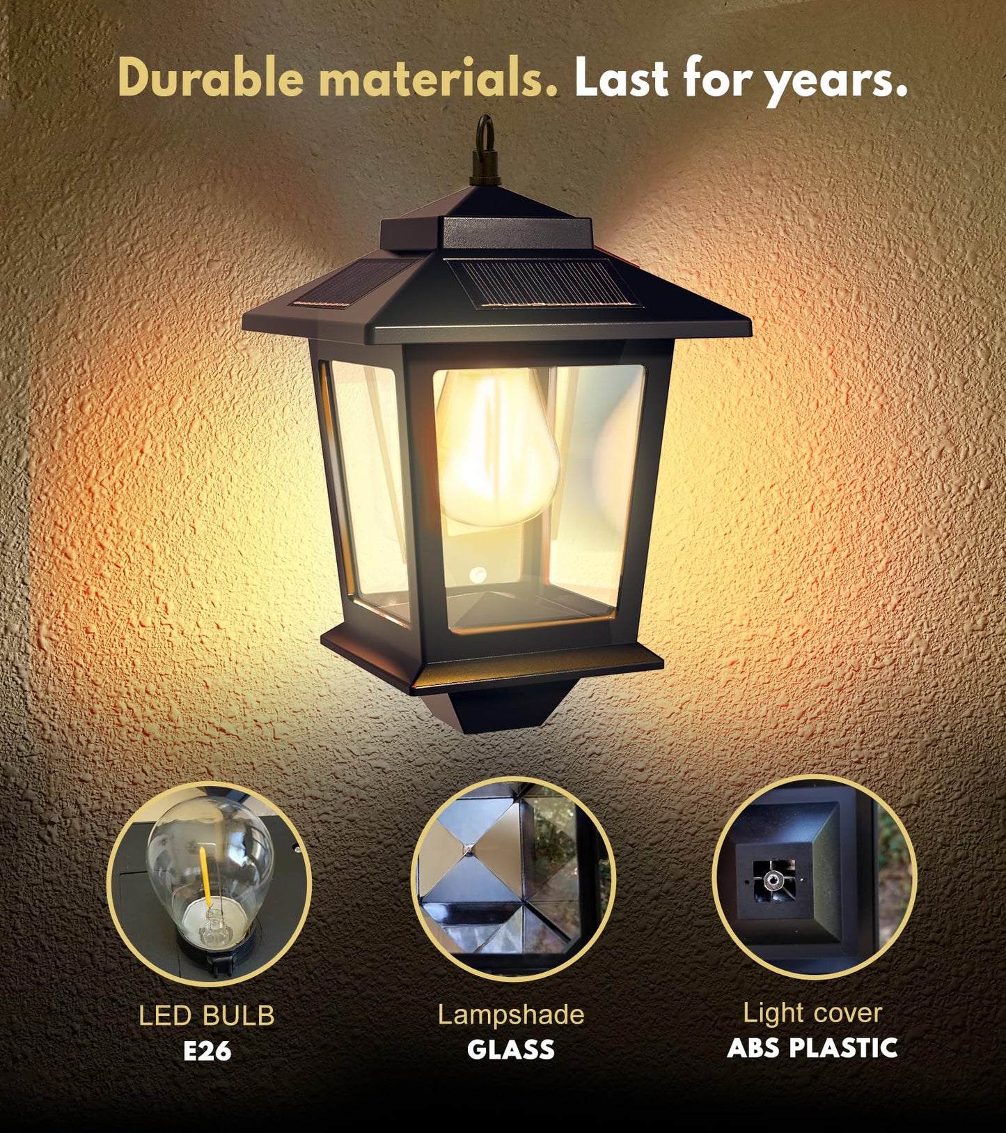 PASAMIC 2 Pack Solar Wall Lanterns with Replaceable Bulb,Outdoor Hanging Lights with 4 Solar Panels,Dusk to Dawn Led Outdoor Wall Sconce, Anti-Rust Waterproof Lanterns with Hooks,3000K Warm White