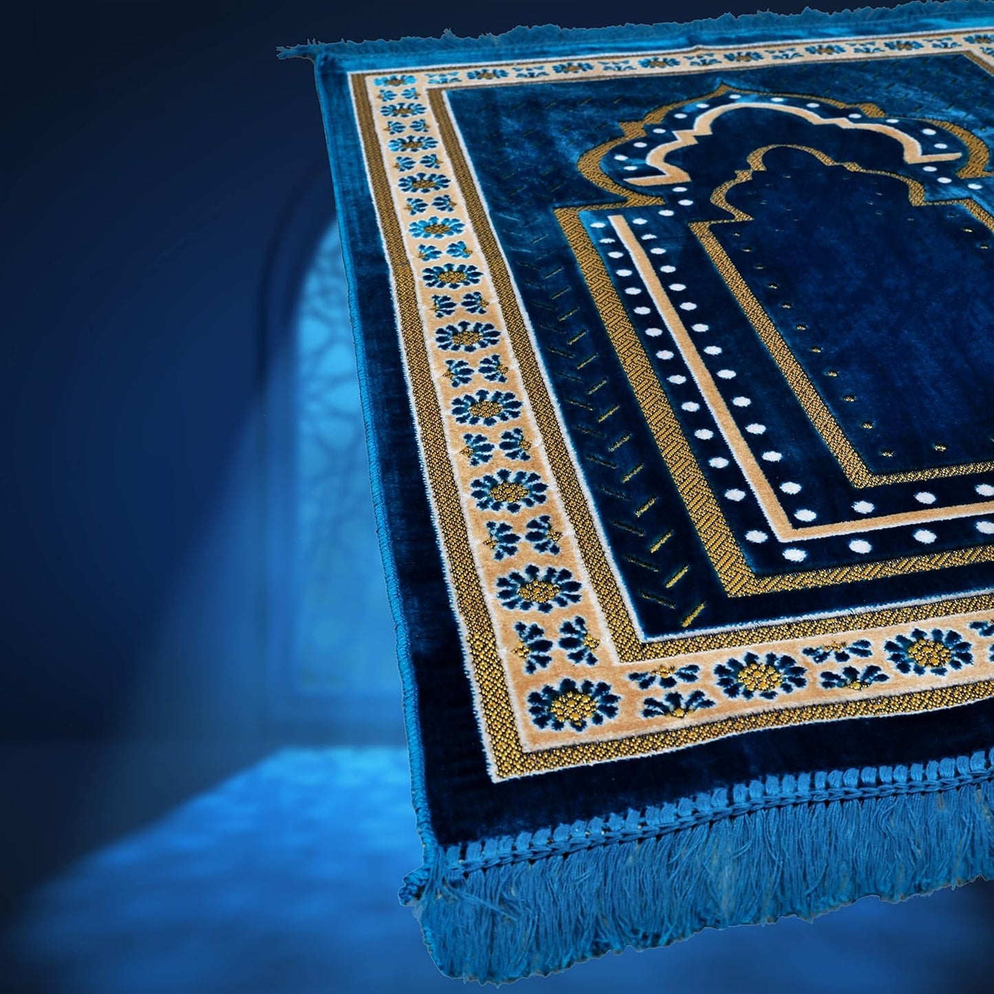 TB Muslim Prayer Rug Islamic, Soft Velvet Mat Ramadan Gift, with Prayer Bead Unique Decoration Gilded Gold-Like Embroidered for Women Man Kids Meditation Turkish African (Blue)