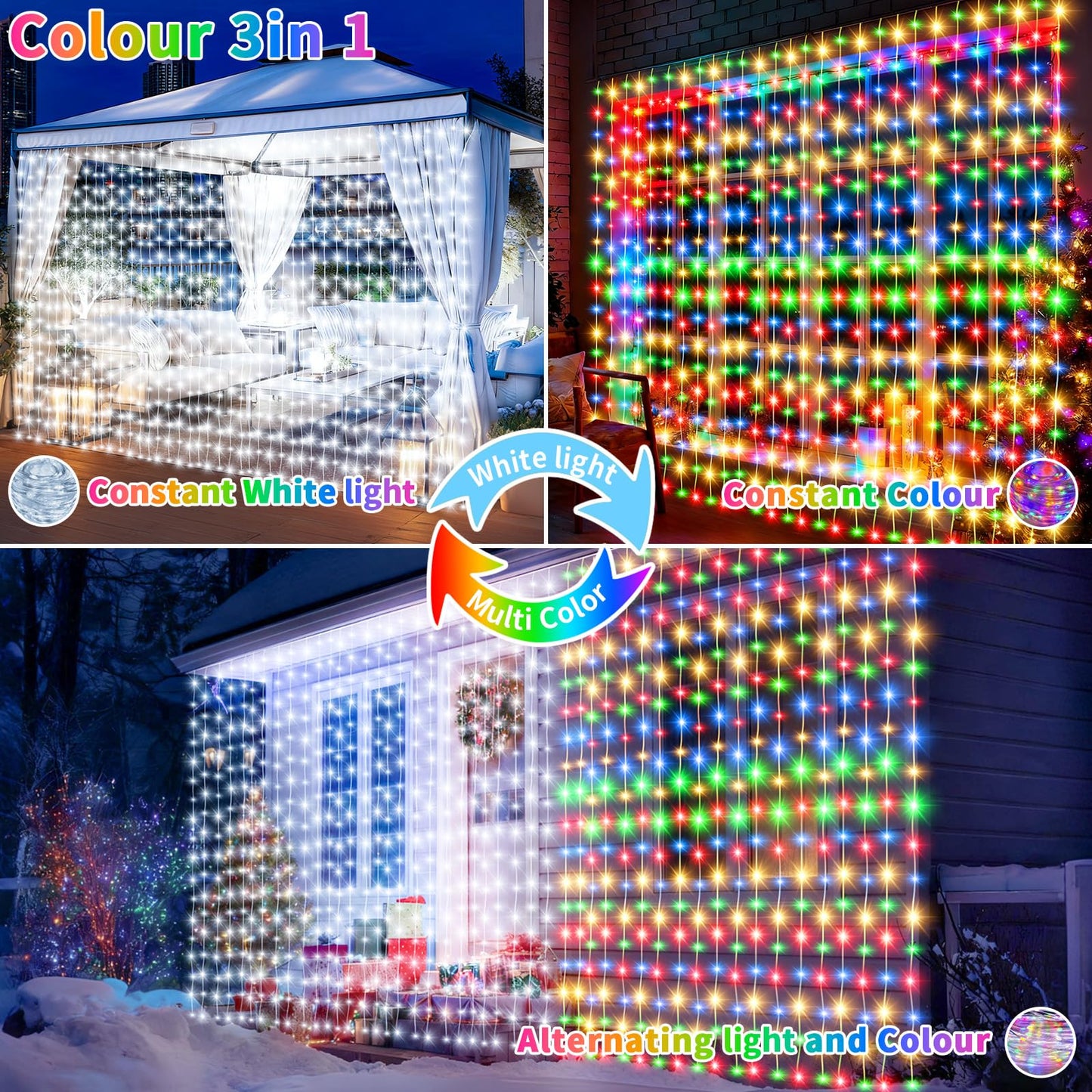 Solar Curtain Lights 10x10Ft 300LED Twinkle Fairy String Lights Multicolor Cool White Dual Color Changing Dimmable Waterproof Remote Timer Memory for Christmas Wedding Pergola Patio Outside