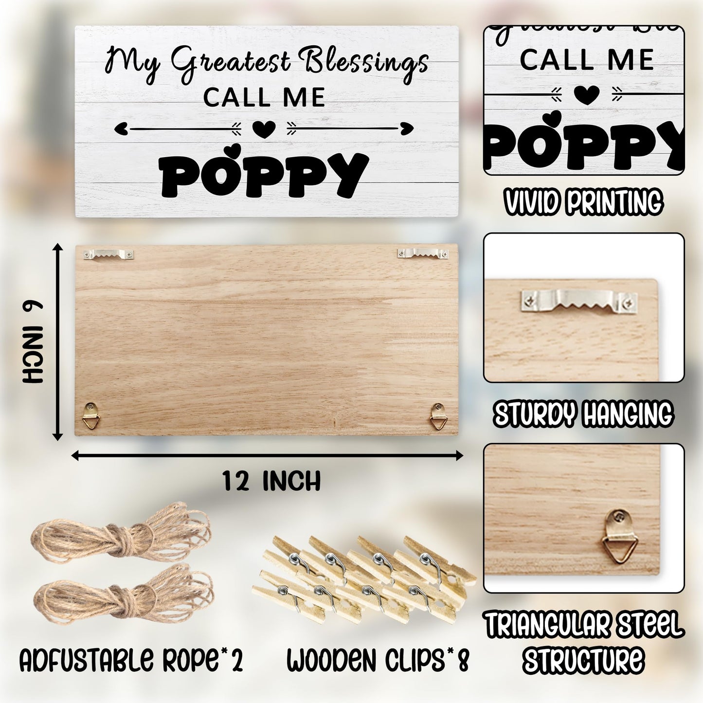 Hiuwevt Poppy Picture Frame Photo Hanging Display, Grandfather Gifts for Christmas from Grandkids Granddaughter Grandson, Best Grandpa Gifts Picture Board Photo Holder for Wall Decor