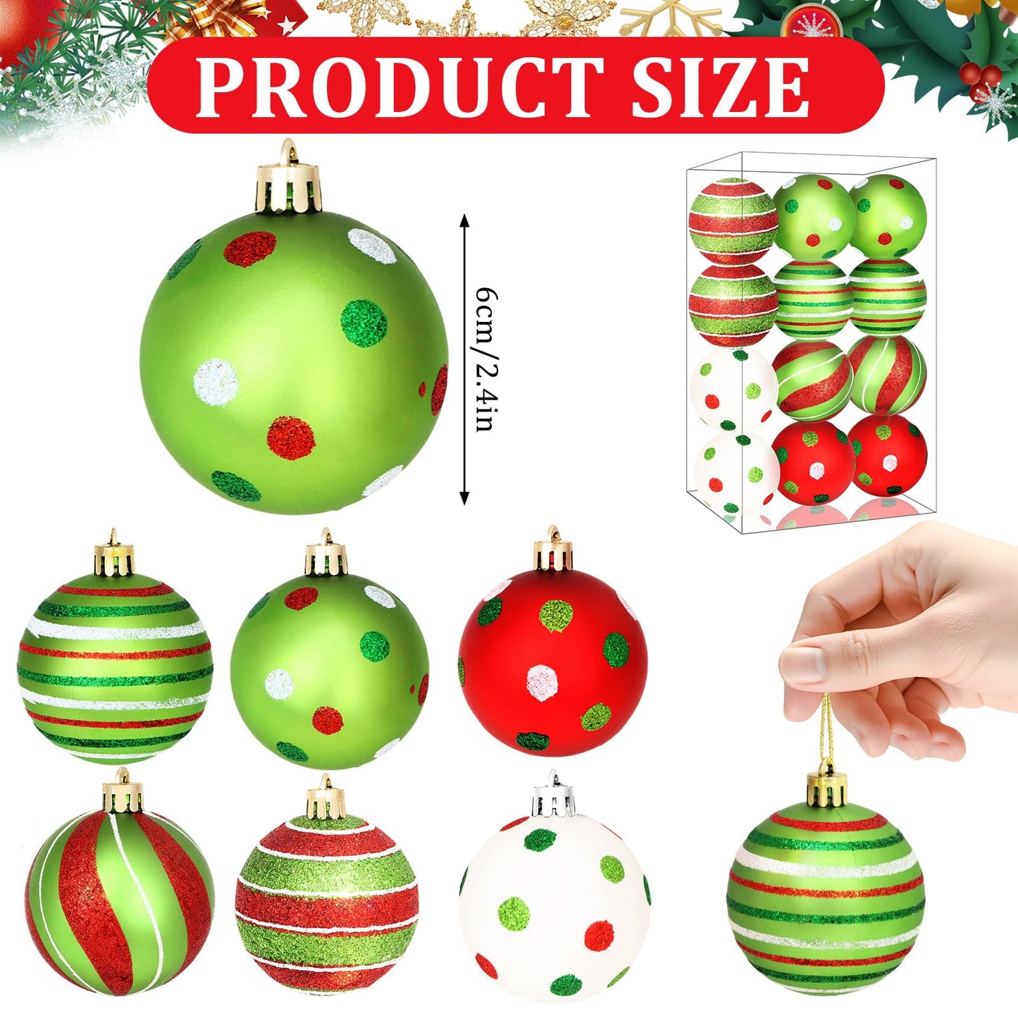Semato 12 Pcs Christmas Tree Ornaments Decorations Ball, 2.4 Inch Shiny Hanging Bulbs Christmas Tree Decorations Set