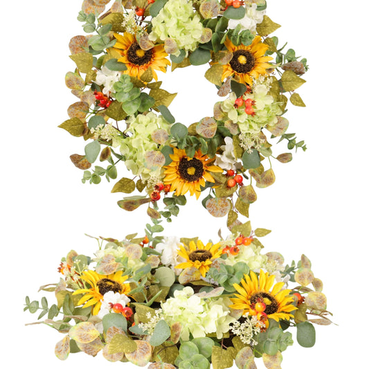 Pudate 20IN Sunflower Wreath for Front Door Summer Hydrangea Wreath with Eucalyptus Leaves Orange Berries Farmhouse Door Decor for Easter, Mother’s Day, Indoor Outdoor Seasonal Wall Hanging