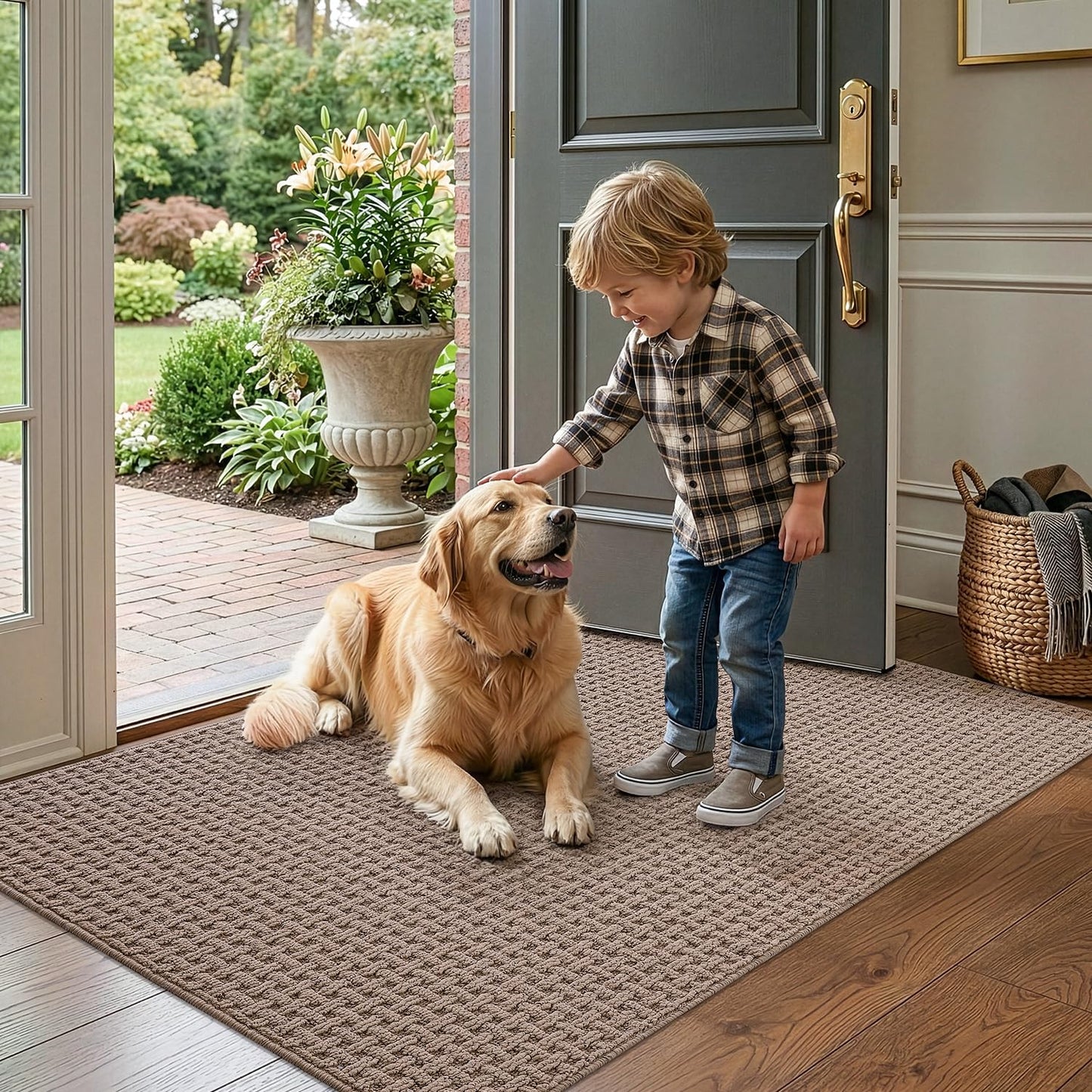 LUMI Washable Door Mat Indoor Entrance 17x30, Dirt Trapper Front Door Mats with Absorbent Interior and Non-Slip Rubber Backing, Entryway Doormat, Beige