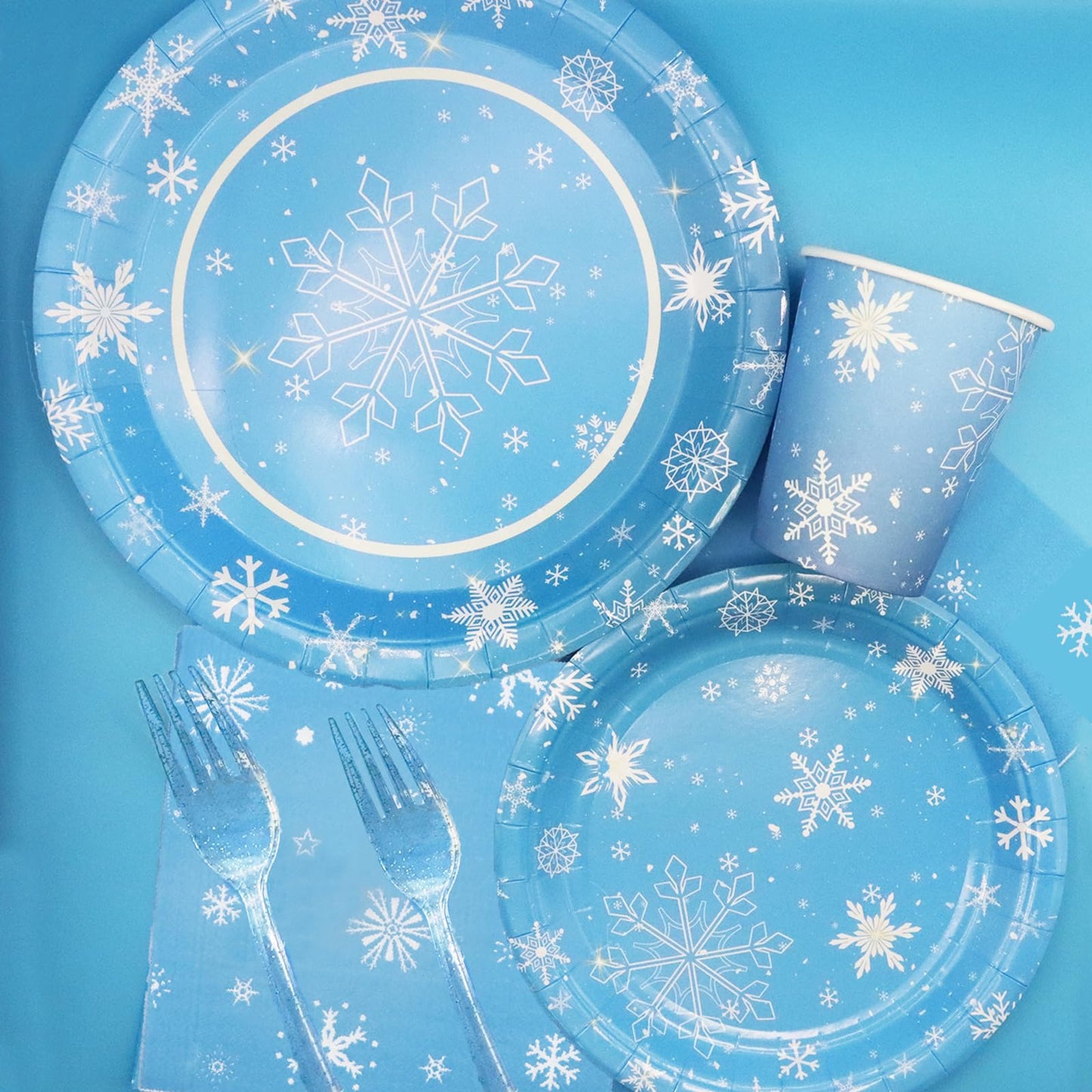 Decodinli Christmas Snowflake Party Supplies Serves 25, Frozen Birthday Party Decorations, Winter Snowflake themed Disposable Plates and Napkins Set, Winter Wonderland Holiday Party Tableware Set