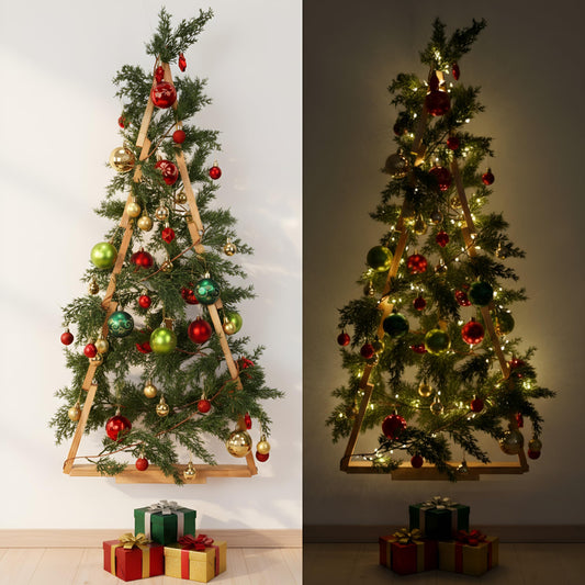 Glooglitter 47 Pcs 3 FT Wall Christmas Tree with Lights Large Christmas DIY Wall Decor Set Include Hanging Ball Ornaments LED String Lights Norfolk Pine Garland Artificial Xmas Tree Home Decor