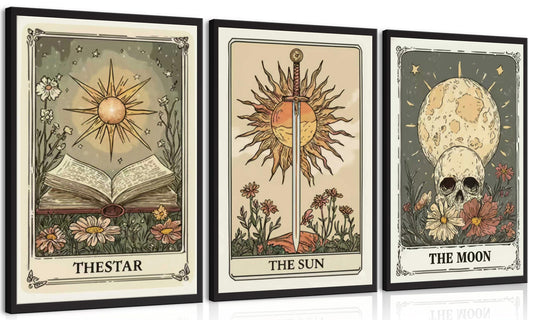 MJVCFWNS 3Pcs Tarot Card Wall Art Boho Celestial Bodies Sun Moon Star Painting Picture Wall Decor Vintage Skull Book Flowers Sword Poster Printing Artwork for Living Room Bedroom Office Home Decor