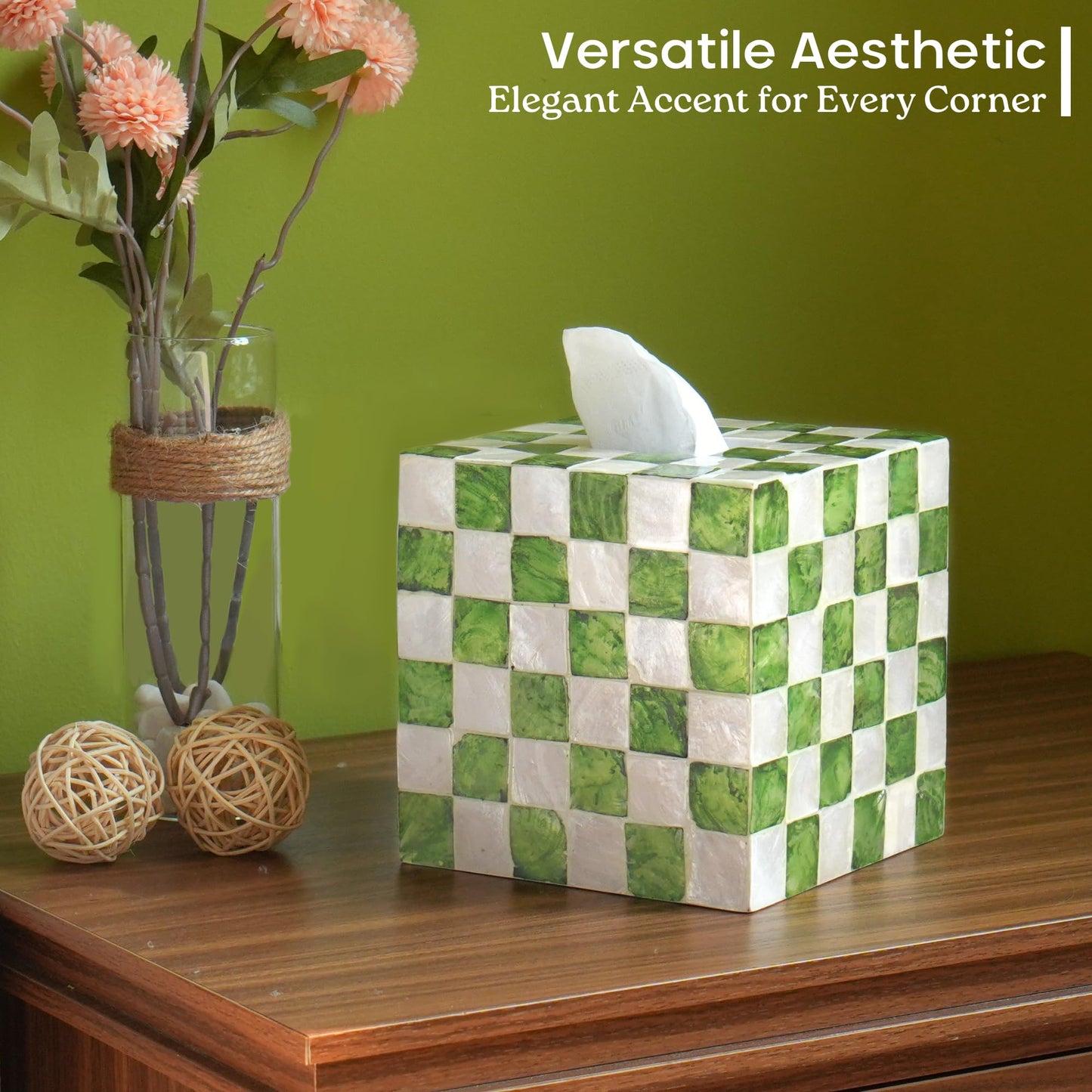 CHI AN HOME 5.7" Square Tissue Box Cover, Handmade Checkered Cube Tissue Box Cover with Capiz Shells, Decorative Tissue Holder for Living Room, Bathroom, Bedroom or Office (Pistachio Green)