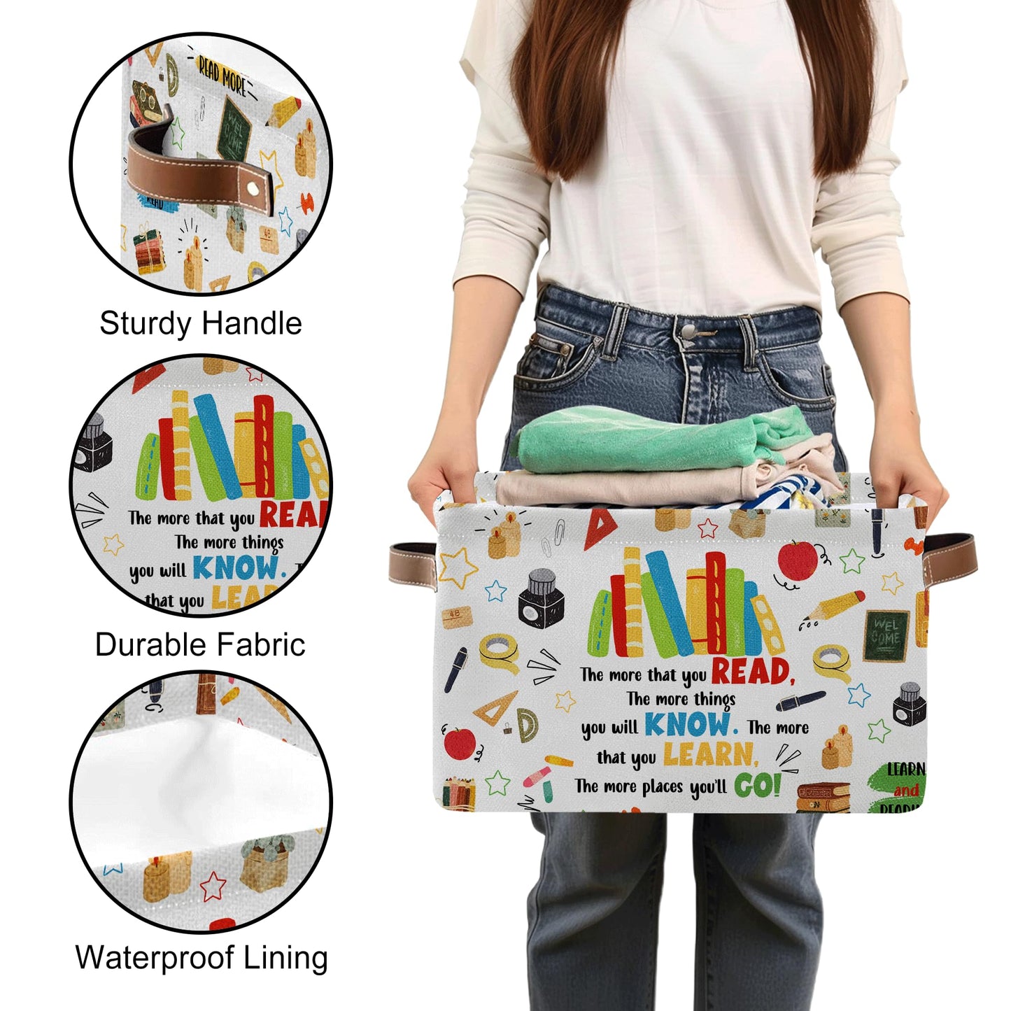 JOPJOLIW Reading Book Rectangle Storage Basket - Book Themed Collection Collapsible Storage Baskets with Handles - Reading Books Pattern Storages Bin for Kids Clothes, Gifts, Books,Toys