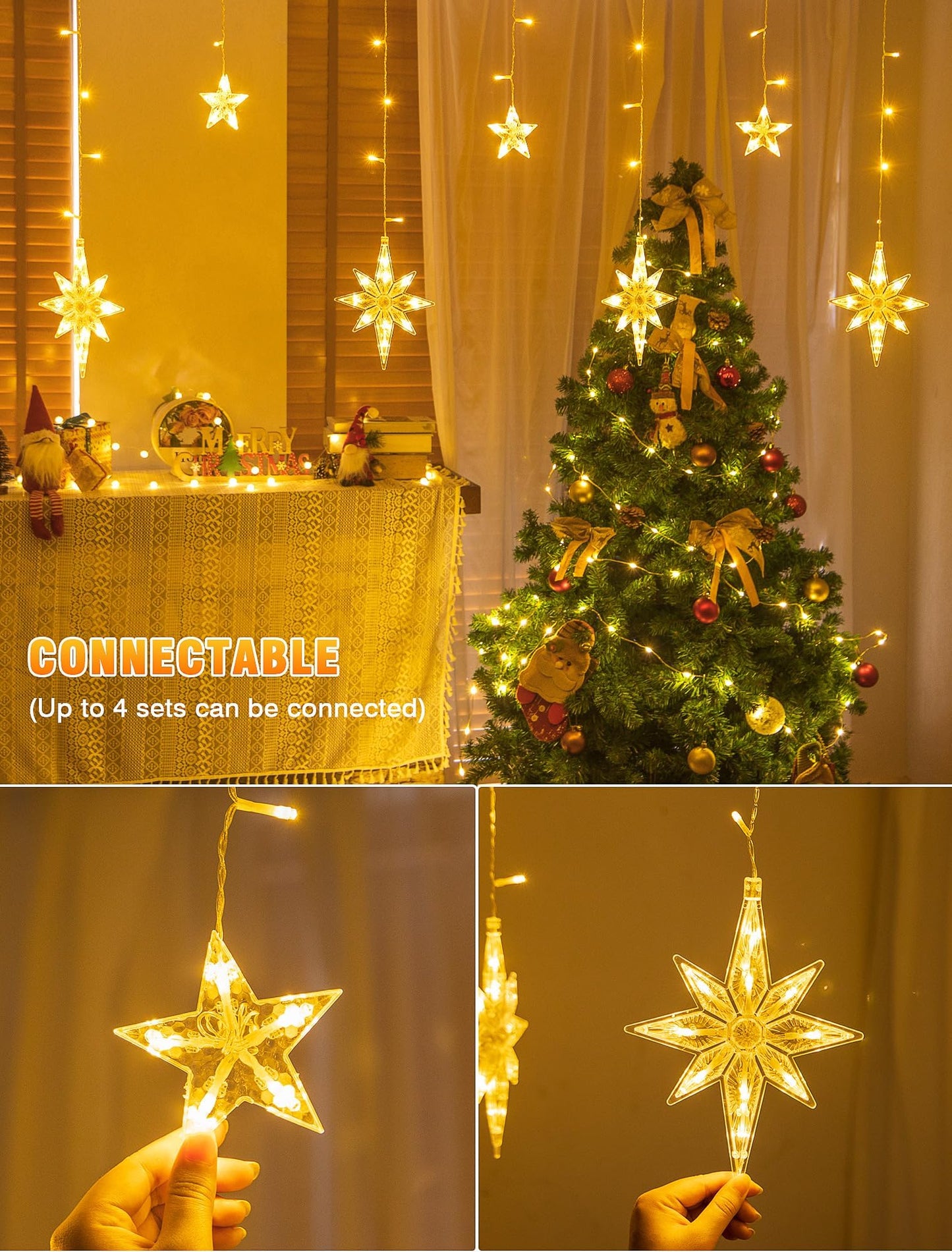 BEEWIN 126 LED Star Icicle Lights,7.8ft Connectable Window Curtain Lights Plug in,8 Lighting Modes Timer Bethlehem Star Christmas Light for Indoor Outdoor,Bedroom,Wedding,Ramadan Decor,Warm White