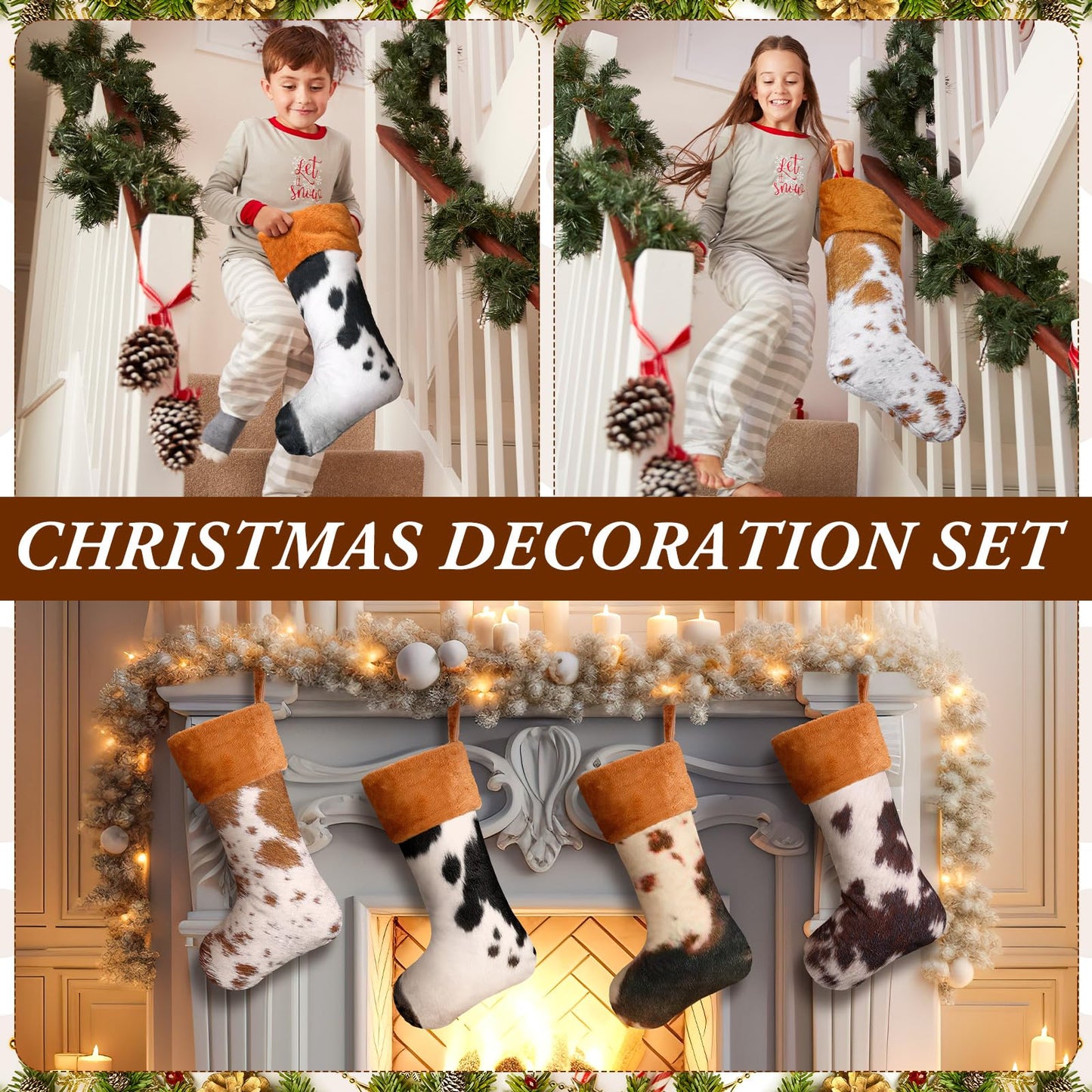 Glimin 6 Pack Cow Print Christmas Stockings 20 Inch Large Plush Xmas Animal Cuff Stockings Hanging Ornaments Socks for Western Fireplace Mantel Stairway Decorations(Brown Cuff)