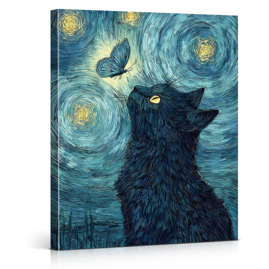 Aesthetic Starry Night Cat Wall Art Decor Vintage Butterfly Cat Picture Famous Painting Artwork for Home Bedroom Living Room Wall Decor 8x10 Inch Canvas Framed