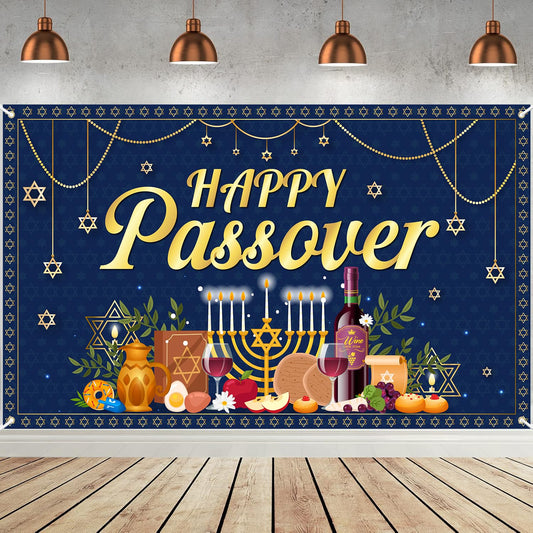 Happy Passover Banner Backdrop - 72'' x 43'' Passover Banner Decoration, Hanging Jewish Pesach Background Decor for Wedding Festive Welcome Banner Passover Party Supplies