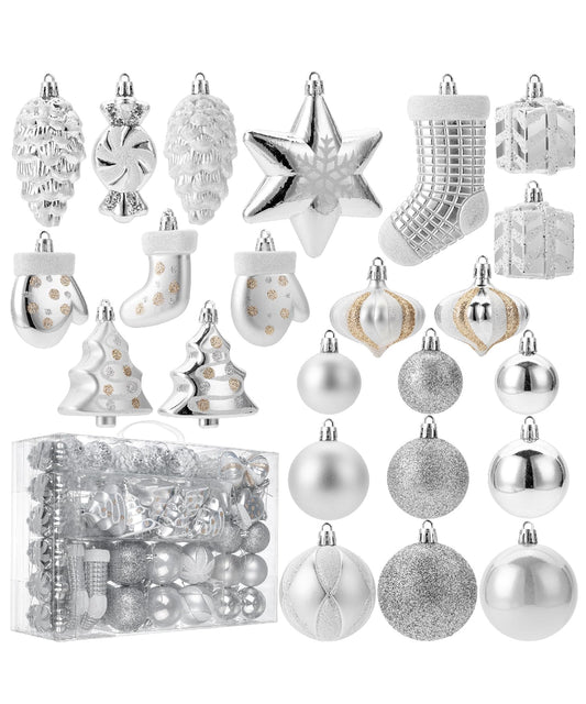 Mr. Pen- Assorted Christmas Tree Ornaments Set, 77 pcs, Silver Holiday Ornaments, Shatterproof Plastic Decorations with Gold Hanging Thread, Classic Ball & Festive Shapes for Christmas Tree Décor