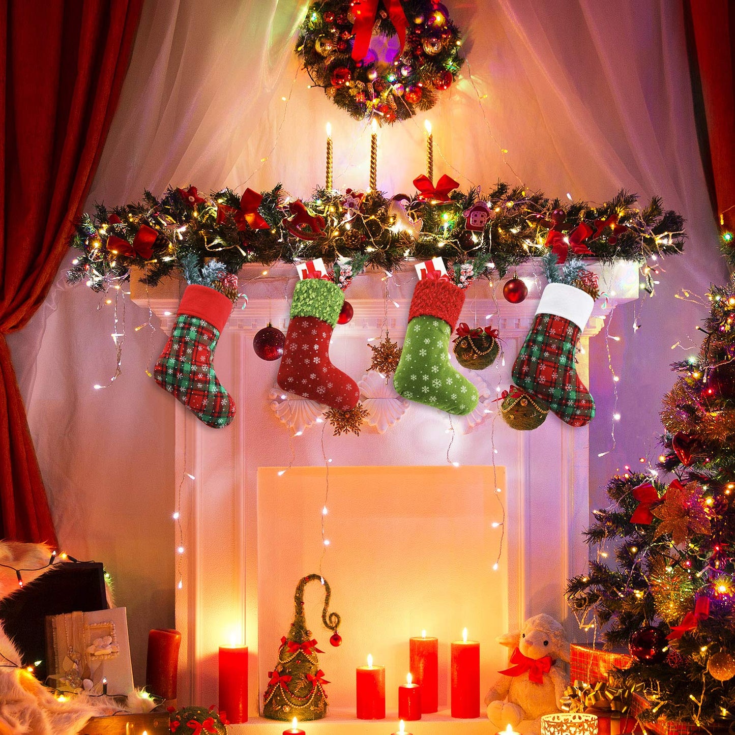 Syhood 24 Pieces 9 Inch Christmas Mini Stockings Plaid Snowflake Christmas Tree Hanging Stocking for Xmas New Year Party Decorations