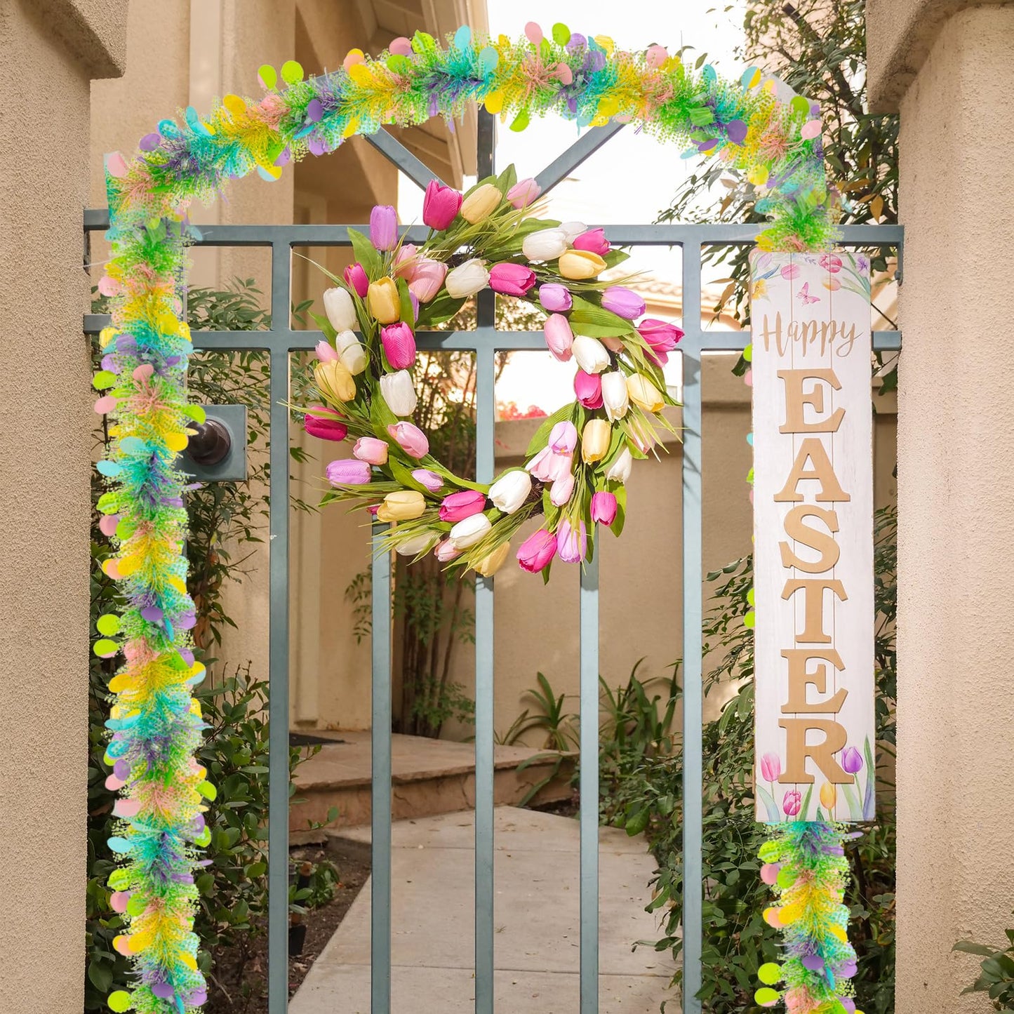Gloreyan 33FT Easter Tinsel Garland Colorful Easter Egg Metallic Twist Tinsel Garland with Confetti Spring Hanging Garland Decoartion for Easter Tree Door Stair Mantle Party Supplies