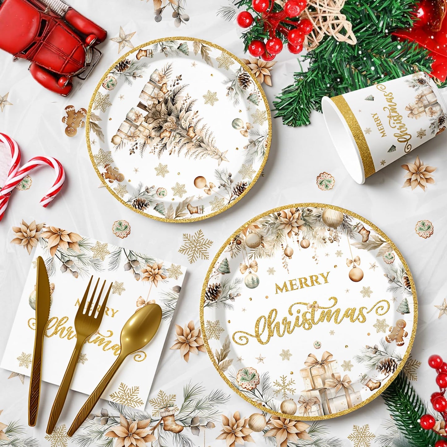 MEHOFOND Christmas Party Supplies193PCS, Gold Christmas Tree Disposable Dinnerware Paper Plates, Napkins, Cups, Cutlery,Tablecloth for Xmas Holiday Party Decor, Serve 24 Guestst