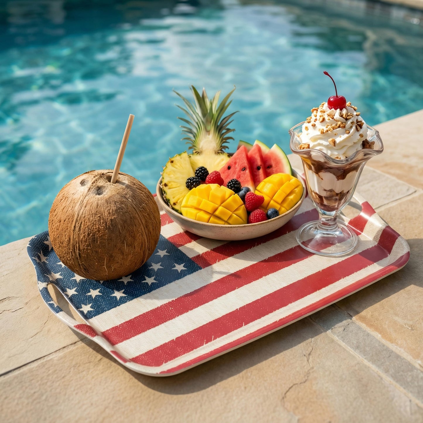 KINGEN 2-Pack Patriotic Bamboo Fiber Serving Trays - 18×13-inch Extra Large w/Handles Tray, Stars & Stripes Platters for 4th of July, Christmas, Birthday, BBQ, Party - Red, White & Blue Decor