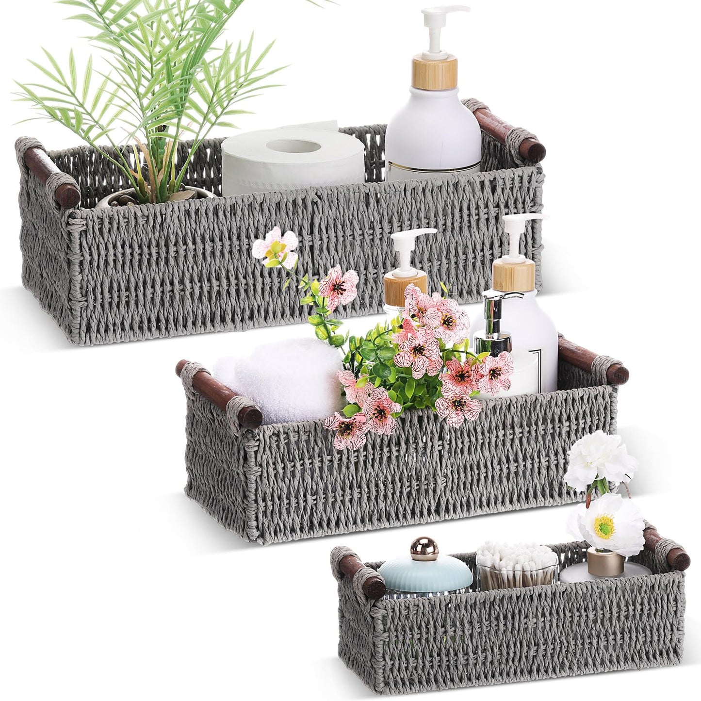 Boao 3 Pcs Boho Storage Wicker Baskets Handmade Woven Decorative Paper Rope Baskets for Organizing with Handle Countertop Toilet Paper Storage Container for Toilet Tank Top(Grey,Rectangle)
