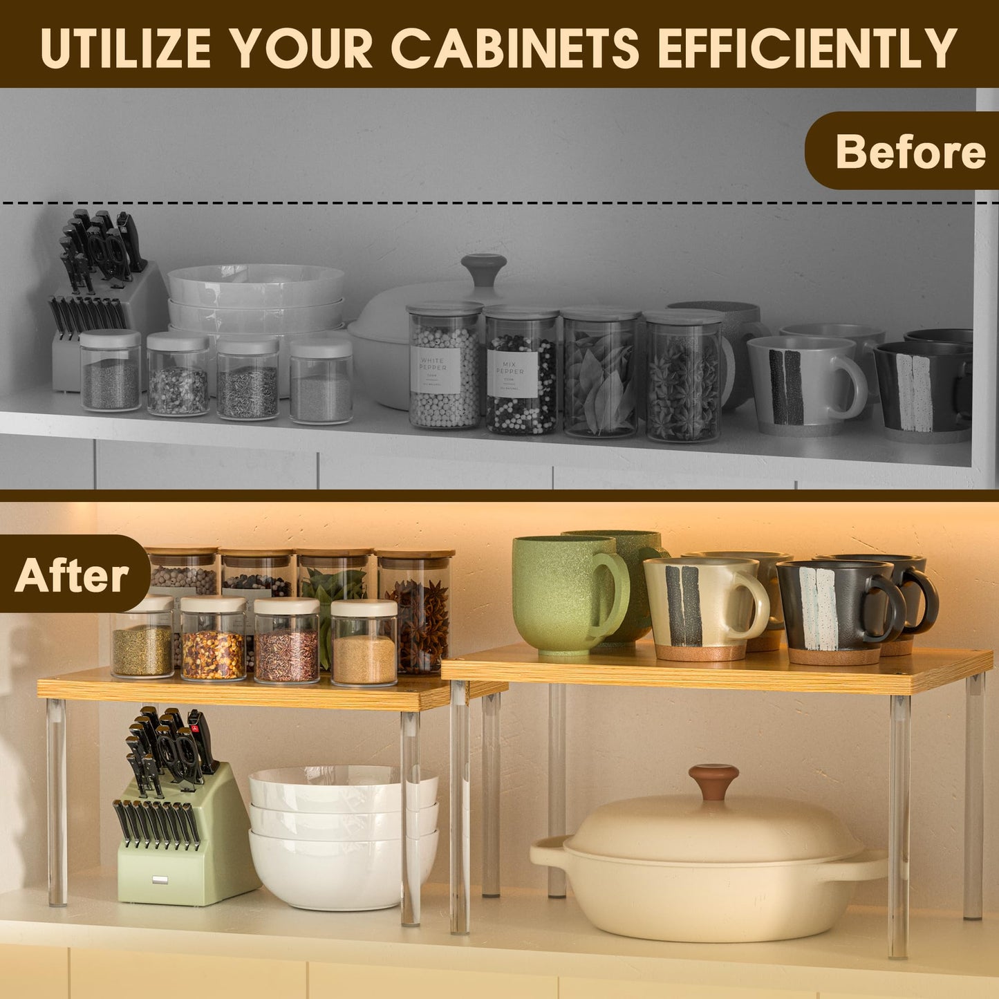 Jolitac Cabinet Organizer Shelf - Set of 2 Clear Acrylic Spice Rack, Stackable Pantry Storage Shelves for Kitchen Counter, Bathroom, Desk - Multi-Purpose Bamboo Space Saving Shelves, Easy Assembly