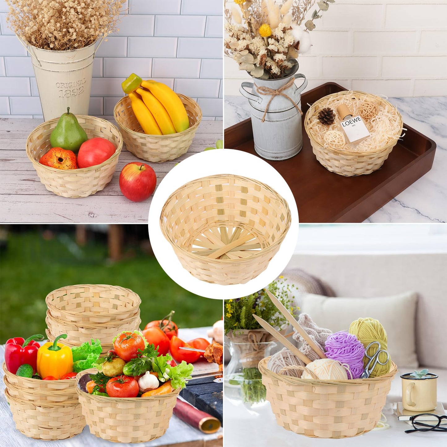Geytetqi 10 Pack 8 Inch Round Bamboo Woven Fruit Baskets, Small Bamboo Wicker Gift Baskets for Kitchen, Restaurant, and Holiday Decor