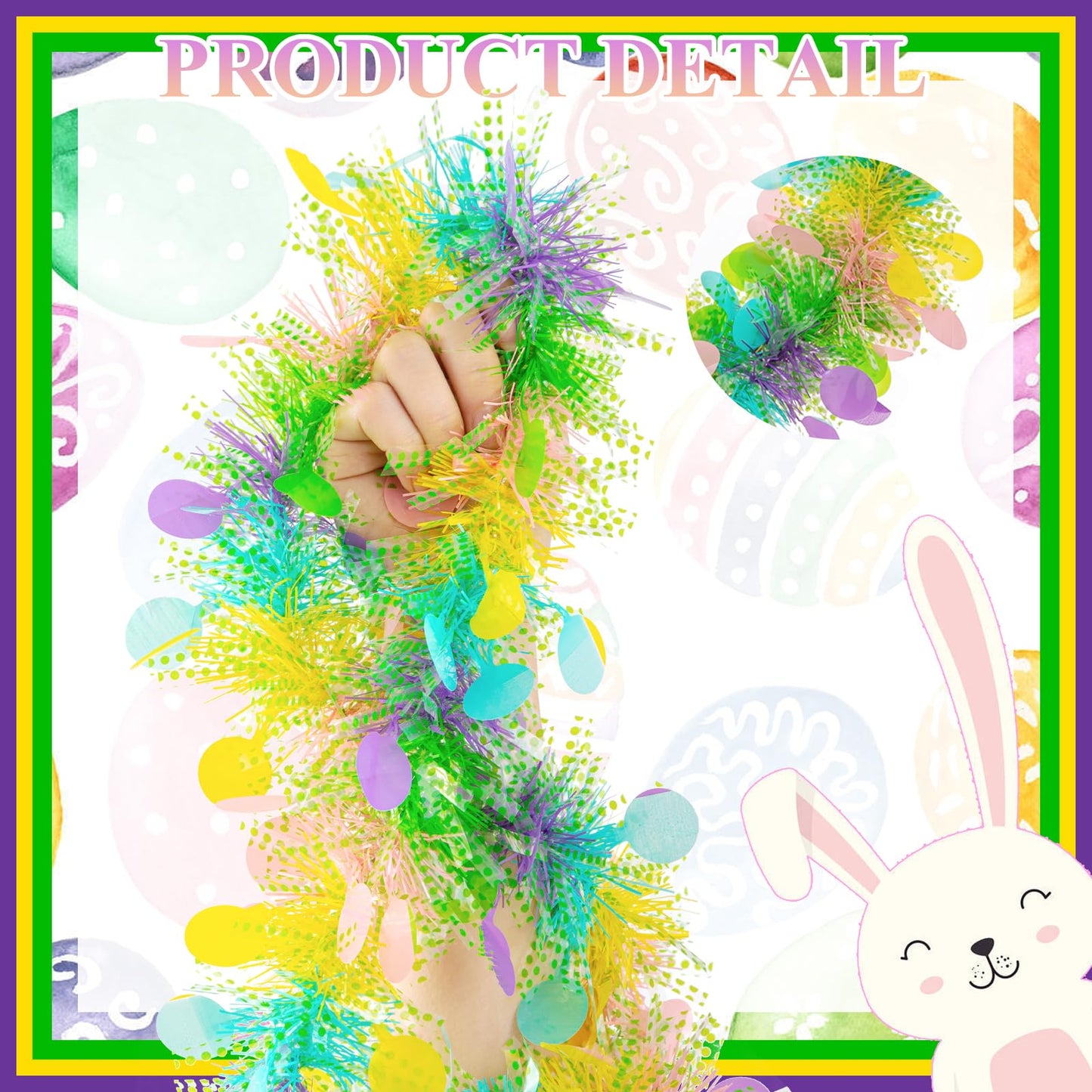 Gloreyan 33FT Easter Tinsel Garland Colorful Easter Egg Metallic Twist Tinsel Garland with Confetti Spring Hanging Garland Decoartion for Easter Tree Door Stair Mantle Party Supplies