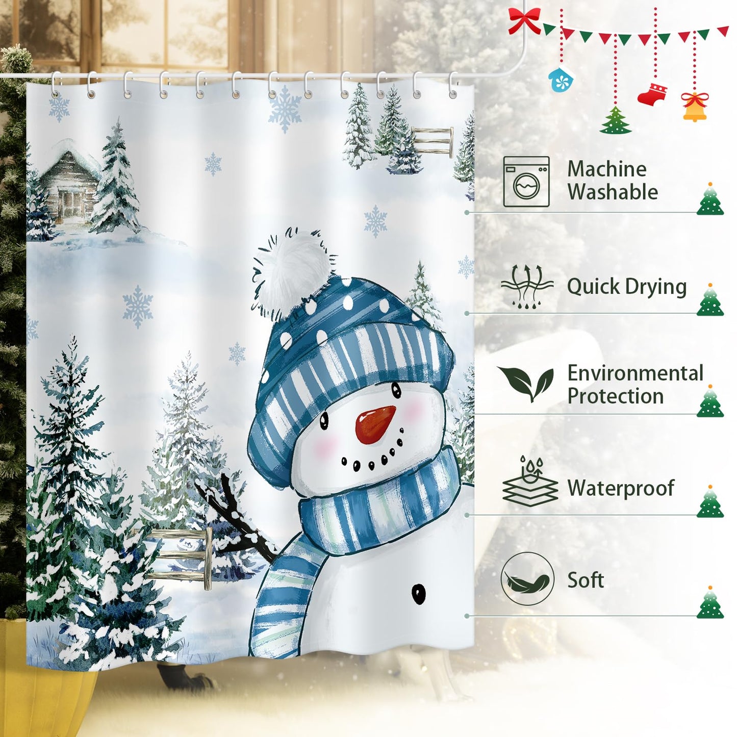 Moutina Winter Christmas Snowman Shower Curtain, Snow Snowflake Xmas New Year Holiday Winter Decor Bathroom Curtain Set - 72x72 Inch Waterproof Polyester Fabric with Hooks