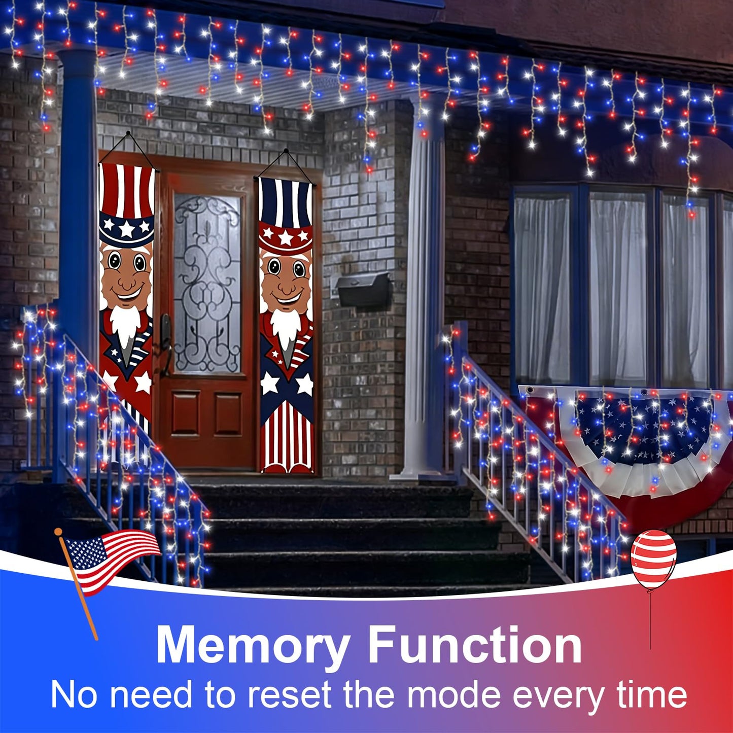 QITONG Red White and Blue Icicle Lights for Outside, 33ft 400 LED 4th of July Icicle Lights with 8 Modes, Clear Wire Connectable String Lights Plug in for Patriotic Independence Memorial Day Decor