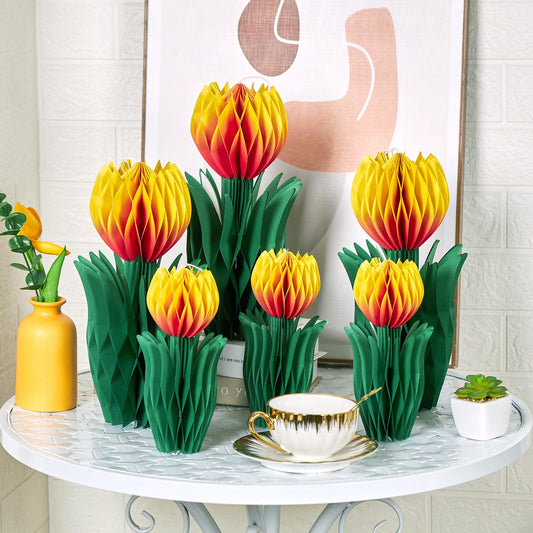 OBBOLO 6 Pcs Tulip Honeycomb Decorations, Spring Decorations for Office, Spring Table Decor, Tulip Party Decorations, Spring Centerpieces for Tables for Mothers Day Spring Party, Womens Day