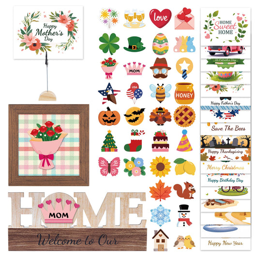 GAGILAND 48 Pcs Mother's Day Bee Day Tiered Tray Decor Summer Father's Day Interchangeable Seasonal Home Decor Wooden Signs 17 Themes Tiered Tray Decorations Set Year Round Holiday Decoration for Home