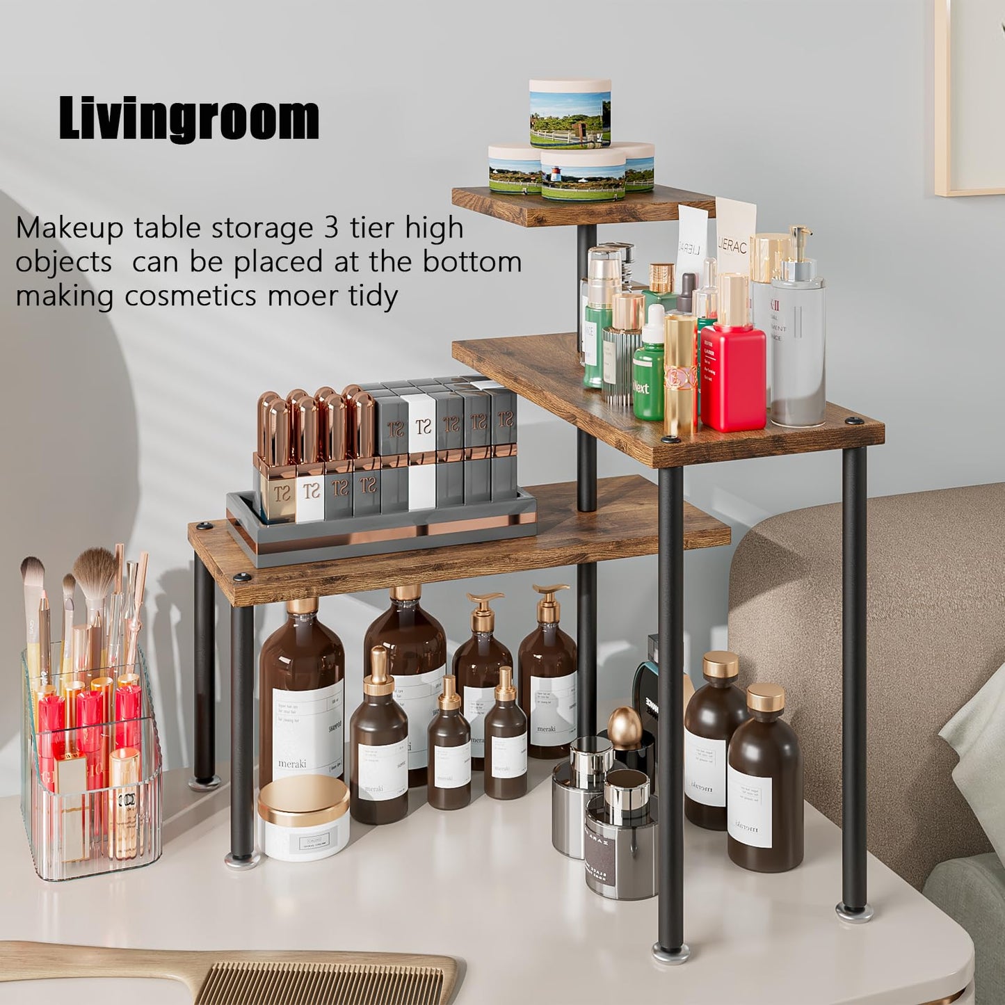 Dazioter Countertop Organizer Organization 3 Tier Kitchen Corner Shelves Adjustable Spice Storage Rack for Bathroom Coffee Area Over Sink (Black)