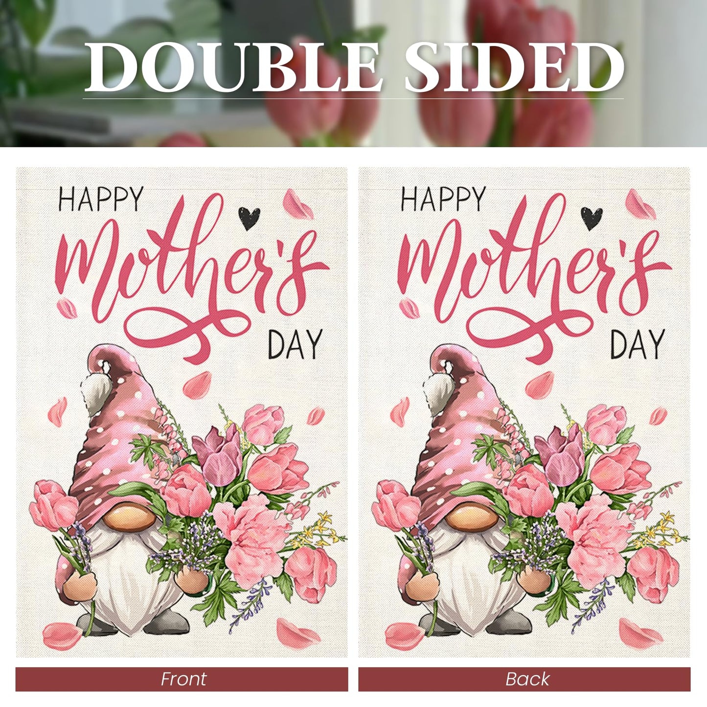 Happy Mother's Day Garden Flags for Outside 12x18 Inch Double Sided,Gnome with Carnation Flowers Small Yard Flags,Gift for Mom Grandmom Spring Decoration for Farmhouse Patio Outdoor