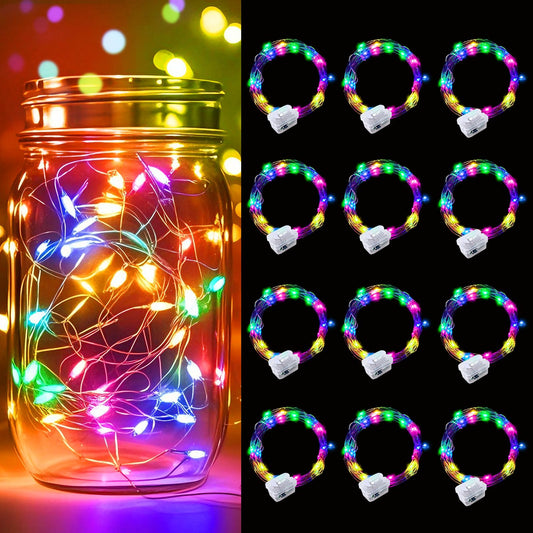 pozzolanas 12 Pack Multicolor Battery Operated String Lights - 7ft Waterproof Fairy Lights with 20 LEDs for Home, Mason Jar, Party, Wedding, Halloween, Christmas Decorations