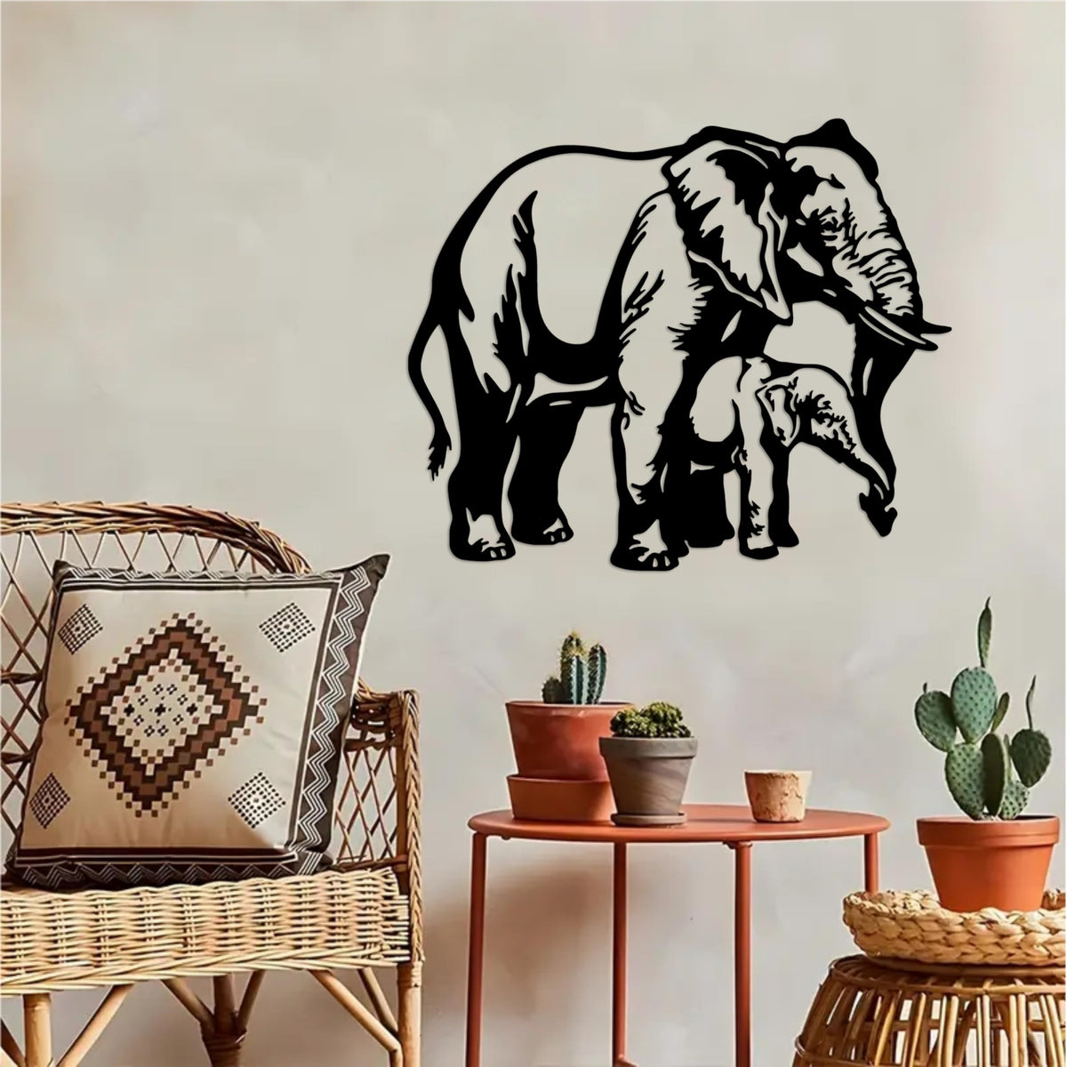 DUOOLN Metal Elephant Wall Decor Art, African Safari Mother-and-Calf Elephant Mural, Modern Animal-Themed Sculpture Painting, for Living Room, Bedroom, Office, Indoor/Outdoor Decor or Gifts-13.7*11.4in