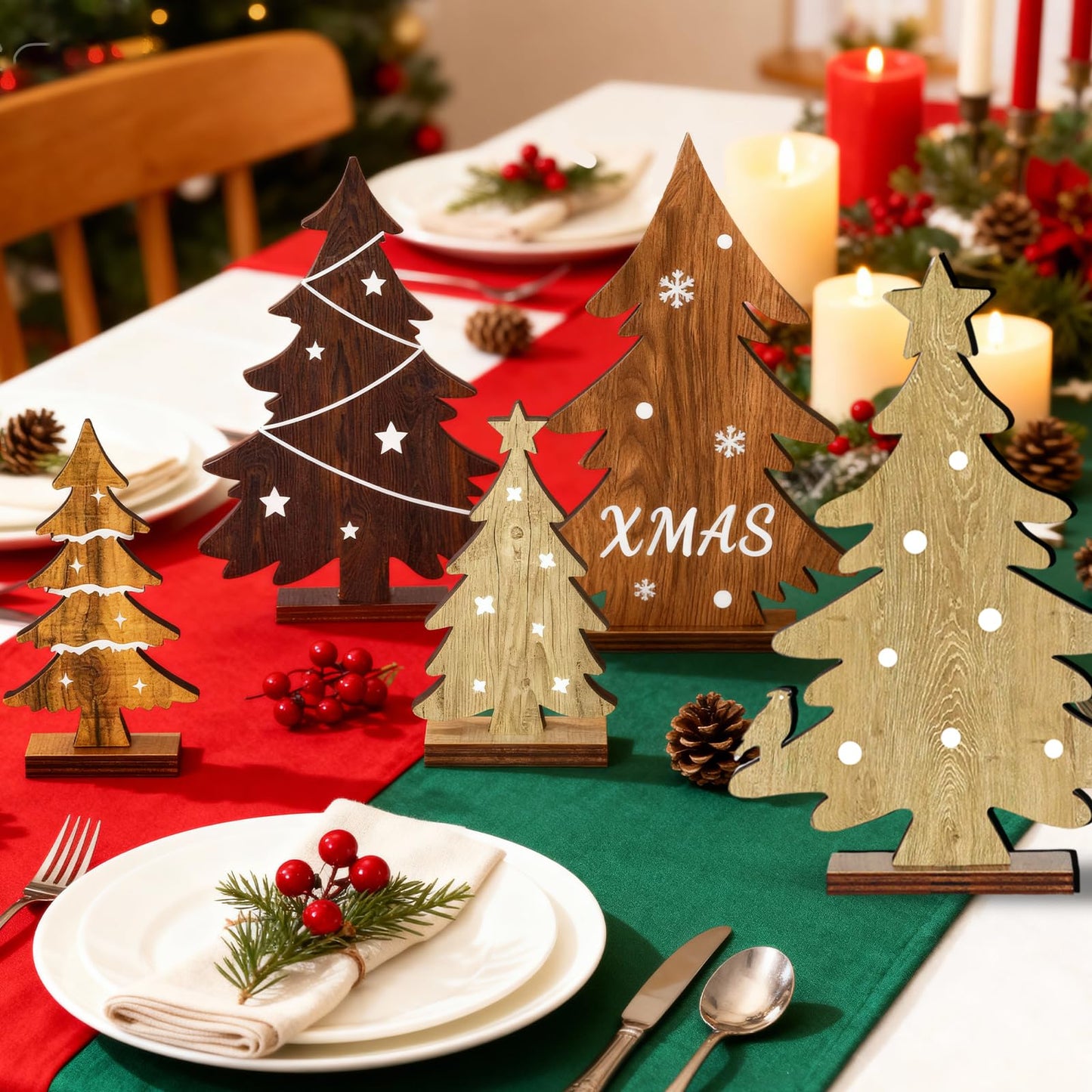 Christmas Decorations Indoor - 5PCS Wooden Christmas Trees Tabletop Shelf Decor Rustic Christmas Decorations Table Centerpieces Wooden Trees Sign for Home Office Fireplace Farmhouse Xmas Party