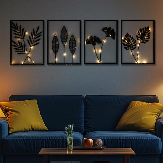 QXSXKJ Black Metal Wall Decor Framed, 3d Modern Metal Wall Art with Light, Minimalist Abstract Black Line Art DéCor, 4 Piece Home Art for Living Room Bedroom Bathroom