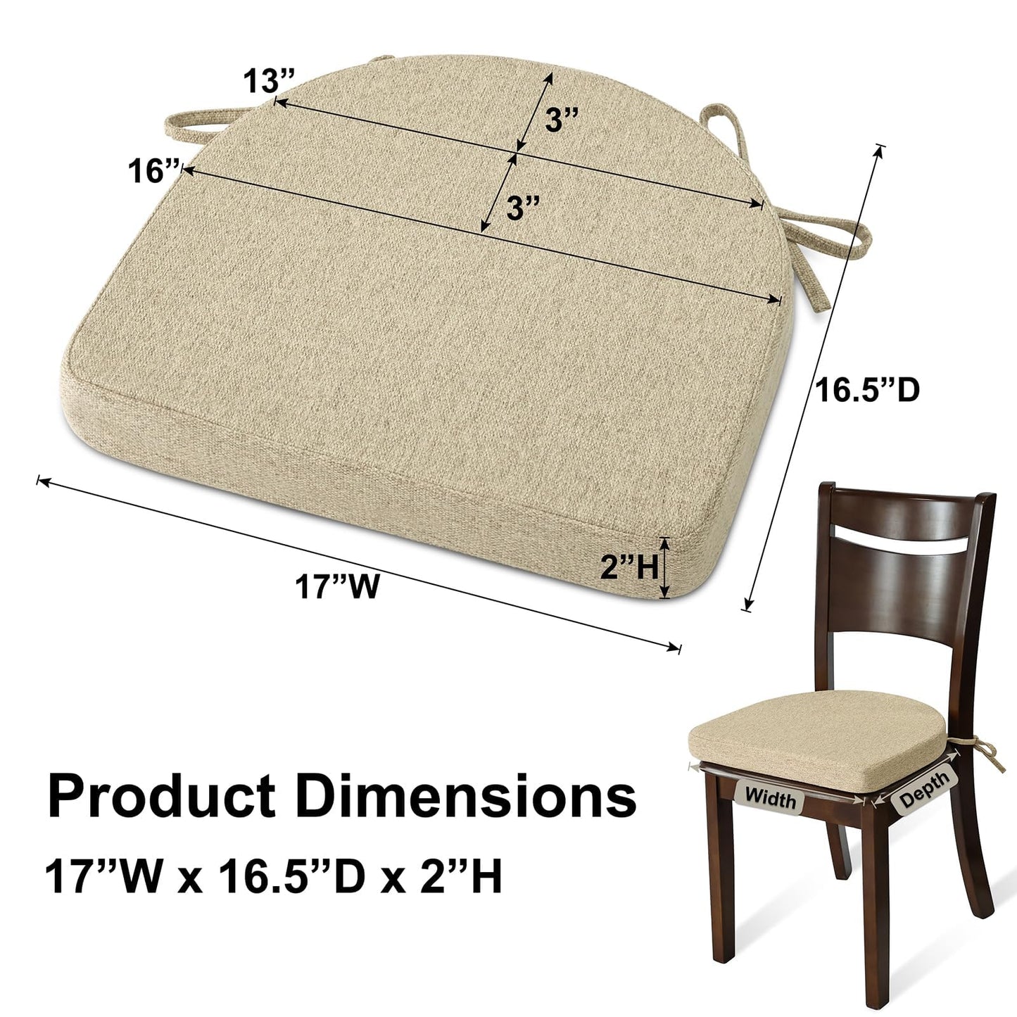 Shinnwa Dining Chair Cushions, Non-Slip Kitchen Chair Cushions with Ties and Machine Washable Cover, 17 x 16.5 x 2in, Natural Linen