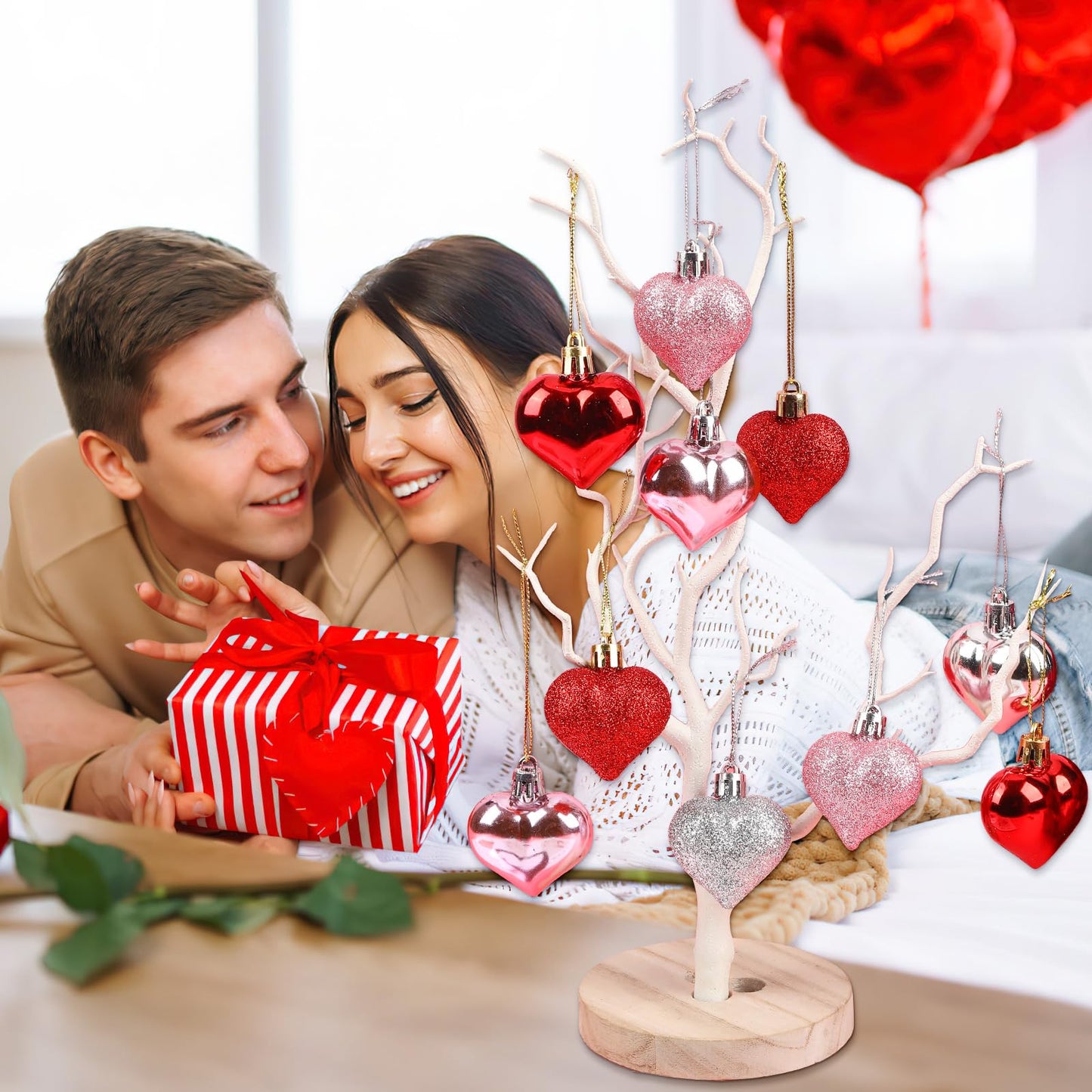 JUNEBRUSHS Valentines Day Decor Tree Decorations Set, 36 Pcs Ornaments for Valentine's St Patricks Easter Glossy Glitter Hanging Decorations for Home Wedding Party