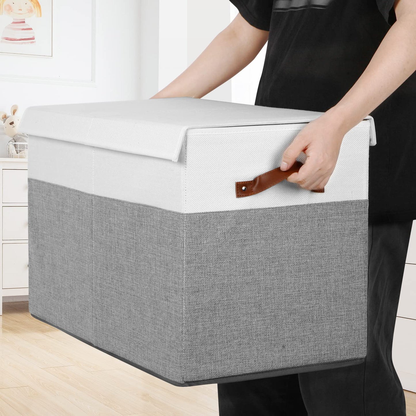 Gowee Large Toy Storage Box with Lid, Sturdy Toys Storage Chest Bin Organizer Basket with Dividers for Kids, Boys, Girls, Nursery, Closet, Bedroom, Playroom 25"x13" x16" (Grey and White)