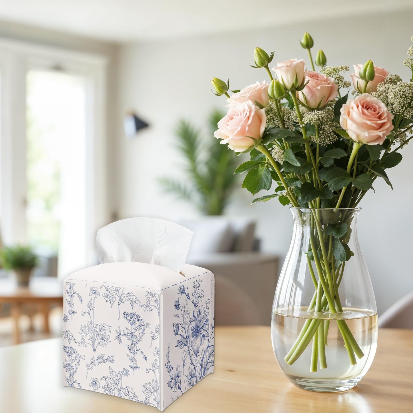 Spring Floral Tissue Box Cover Square - Sketch Flowers Tissue Holder - Waterproof Facial Paper Organizer for Home Bathroom Office - Desk Tabletop Supplies Decorative Dispenser Box - A03