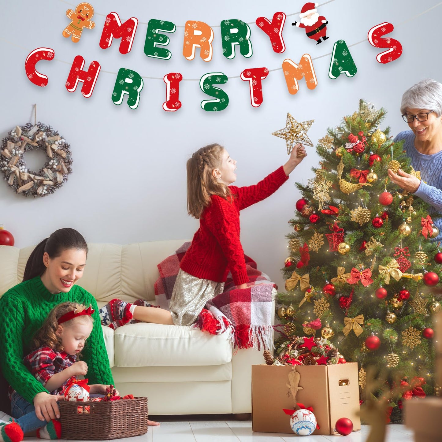 Merry Christmas Decorations Banners - Paper Christmas Banner, Santa Claus Reindeer Sign Garland Backdrop for Winter Xmas Indoor Outdoor Home Office Fireplace Wall Party Decor Supplies Favors Props