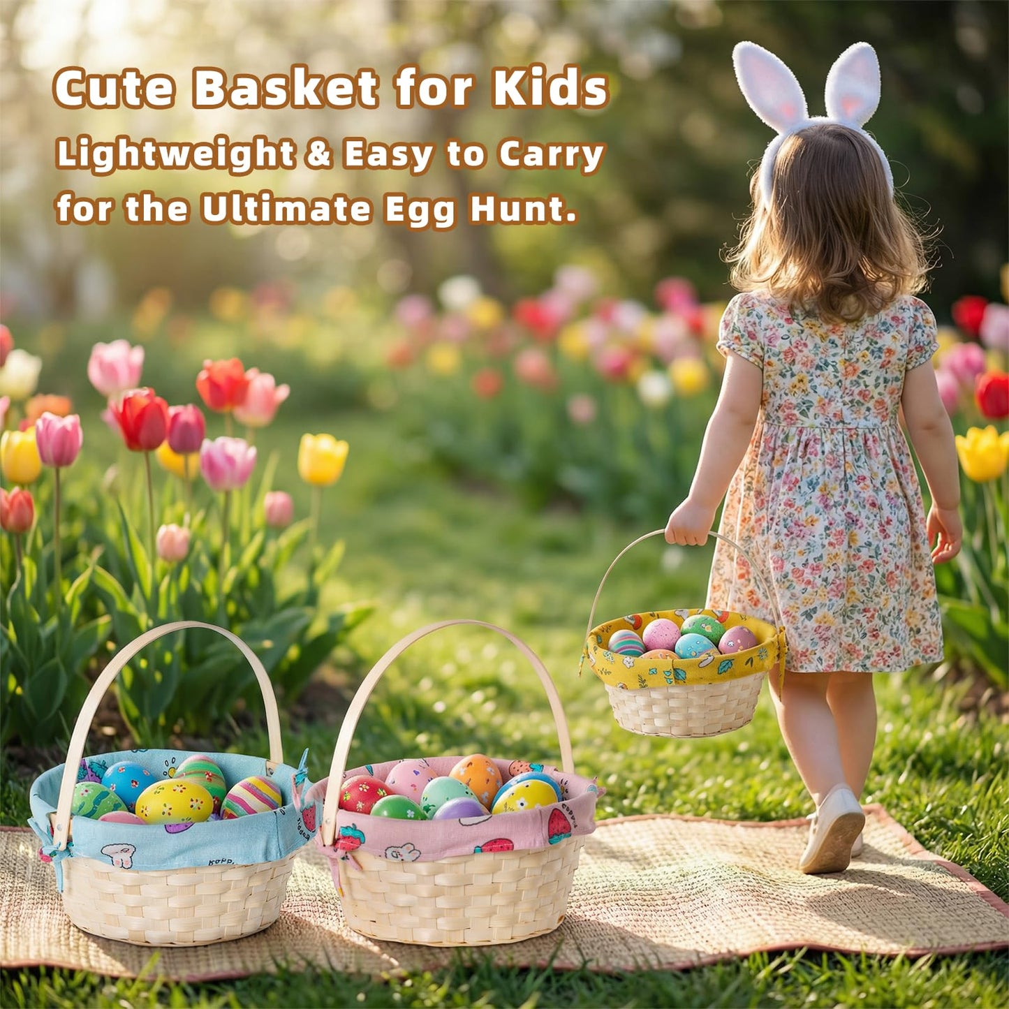 Lanpn Natural Bamboo Easter Basket 3PCS with Removable Bunny Fabric Liner and Raffia Grass for Egg Hunt Candy Picnic Seasonal Decoration (Yellow Pink Blue)