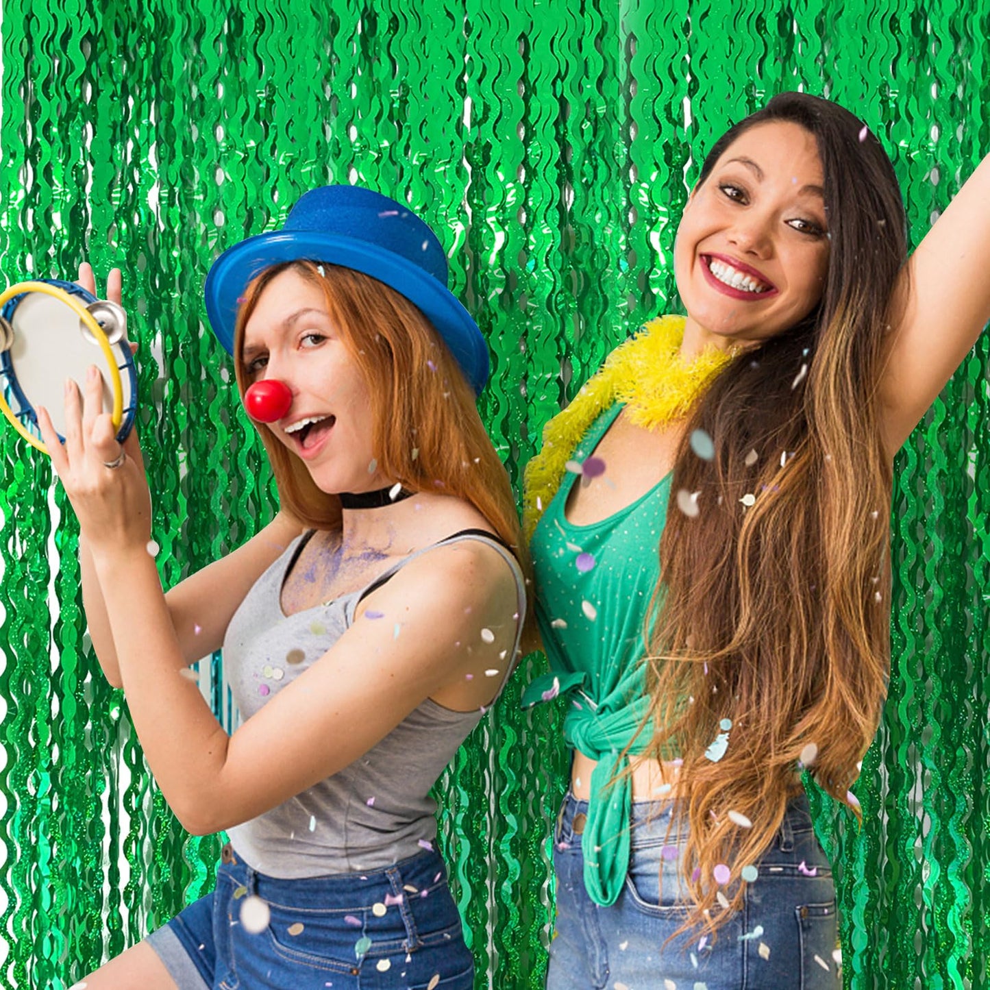 Green Tinsel Foil Fringe Curtains Wavy Backdrop for Party Sparkle Metallic Wavy Streamers Photo Booth Props for Birthday Dinosaur Animal St Patrick's Day Football Christmas Party Decorations