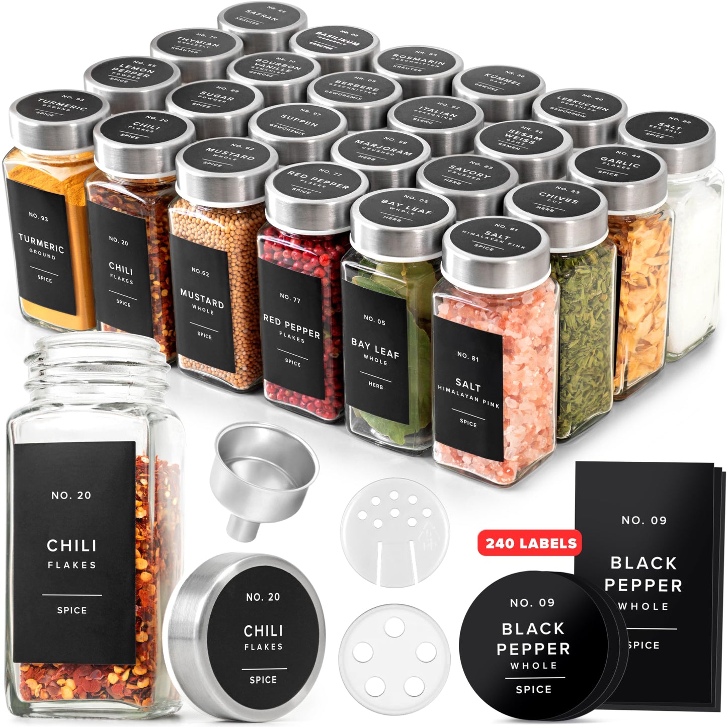 EDELHAUS Glass Spice Jars with Labels and Steel Lids (24 x 4oz) Spice Containers with 240 Label, Steel Funnel, Shaker Inserts, Empty Square Seasoning Organizer for Spice Rack, Cabinet, Drawer