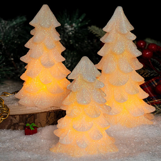 HN HAIINAA White Glittering Christmas Tree Shaped Flameless Candles with Timer, Real Wax Flickering Battery Operated LED Candles for Christmas Home Party Decoration Set of 3