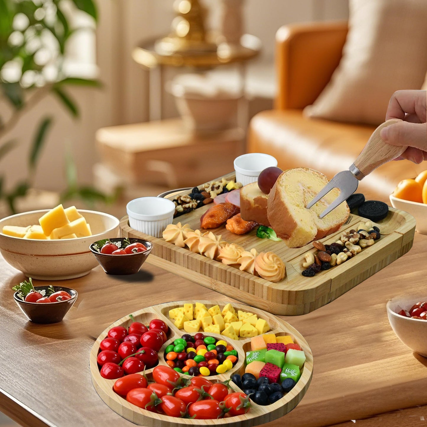 Charcuterie Board Cheese Board Set Portable Serving Platter for Cheese Meat, Fruits & Snacks with 4 Knives, 2 Bowls & Labeling Tool Perfect Housewarming Gifts for Women