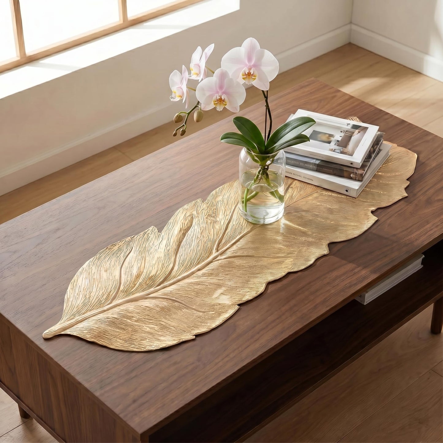 FAVE Gold Small Table Runner 36 Inch Heat Resistant Vinyl Table Cover for Dinner Party Wedding Decor (Leaves)