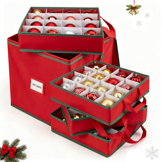 Atrastout Christmas Ornament Storage Box with 4 Trays, Holiday Decor Storage Organizer for 64 Balls, Zippered Oxford Fabric Bin with Adjustable Dividers & Removable Compartments