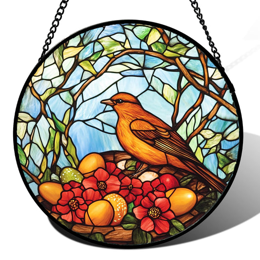 QZQCBLC Stained Glass Window Hanging Birds Build Nests On The Branches 6.3" - Suncatcher Door Garden Sun Catcher Decor Birthday Xmas for Bird Lovers Woman Men Nana Friend