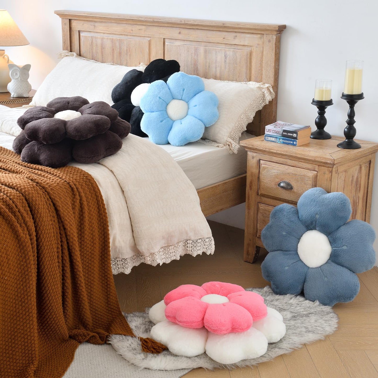 Flower Shaped Pillow, Cute Decorative Throw Pillows with Soft Rabbit Fur for Couch Bed Chair Floor, Christmas Pillow Seating Cushions with Room Décor for Bedroom Living Room(19.6 Inches, Brown)