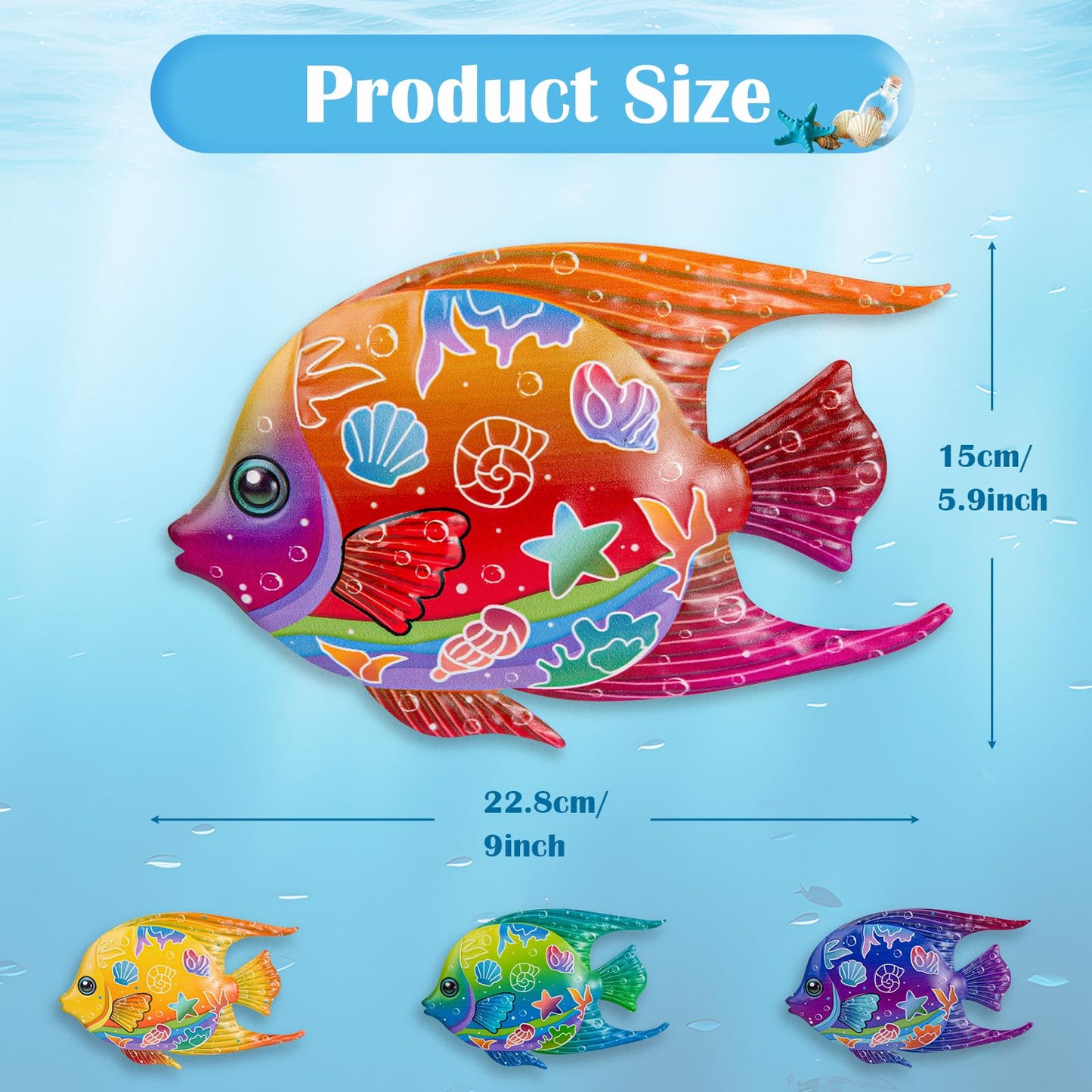 SUNREEK 9 Inches Metal Fish Wall Art, Coastal Beach Nautical Hanging Decor, Outdoor Ocean Pool Wall Decor (4, Fish-A)